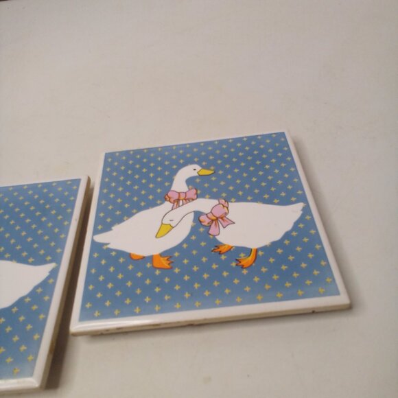 Vintage Ceramic Tile Trivet Coaster Geese 80s Blue White Lot of 2 - Picture 5 of 10